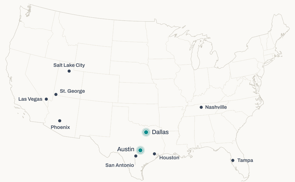 US map: Dallas and Austin confirmed for October 2026; Salt Lake City, Phoenix, Las Vegas, St. George, Nashville, San Antonio, Houston and Tampa coming soon