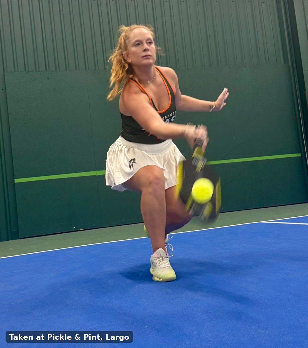 Paula Rives hitting a forehand at Pickle & Pint, Largo